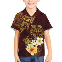 Polynesian Turtle Family Matching Summer Maxi Dress and Hawaiian Shirt Plumeria Hibiscus Pattern Oxblood LT03 Son's Shirt Oxblood - Polynesian Pride