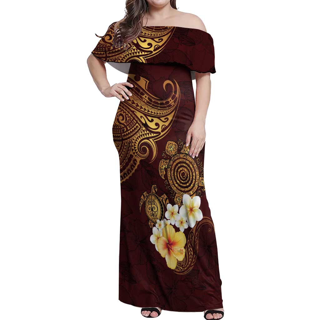 Polynesian Turtle Off Shoulder Maxi Dress Plumeria Hibiscus Pattern Oxblood LT03 Women Oxblood - Polynesian Pride