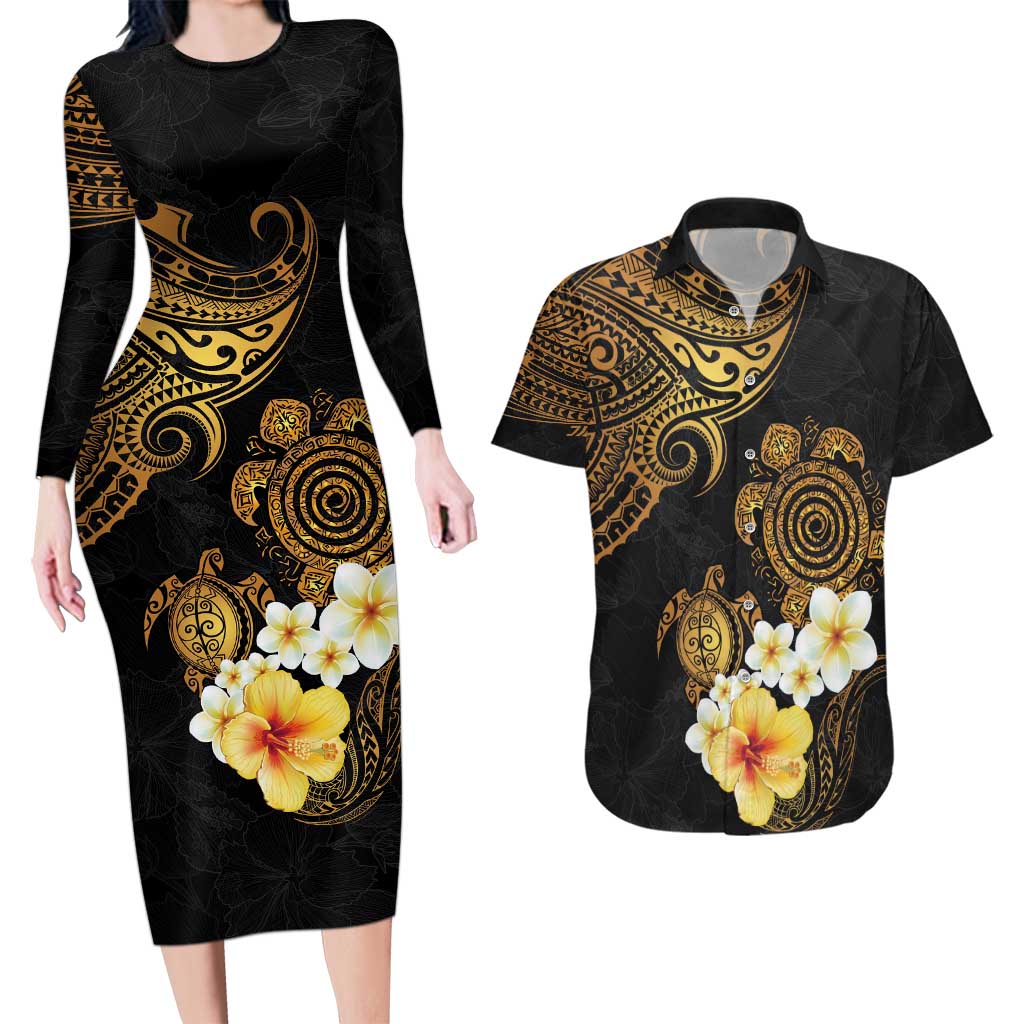 Polynesian Turtle Couples Matching Long Sleeve Bodycon Dress and Hawaiian Shirt Plumeria Hibiscus Pattern Black Color LT03 Black - Polynesian Pride
