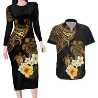 Polynesian Turtle Couples Matching Long Sleeve Bodycon Dress and Hawaiian Shirt Plumeria Hibiscus Pattern Black Color LT03 Black - Polynesian Pride