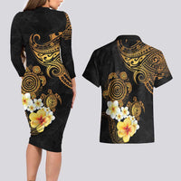 Polynesian Turtle Couples Matching Long Sleeve Bodycon Dress and Hawaiian Shirt Plumeria Hibiscus Pattern Black Color LT03 - Polynesian Pride