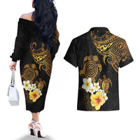 Polynesian Turtle Couples Matching Off The Shoulder Long Sleeve Dress and Hawaiian Shirt Plumeria Hibiscus Pattern Black Color LT03 - Polynesian Pride