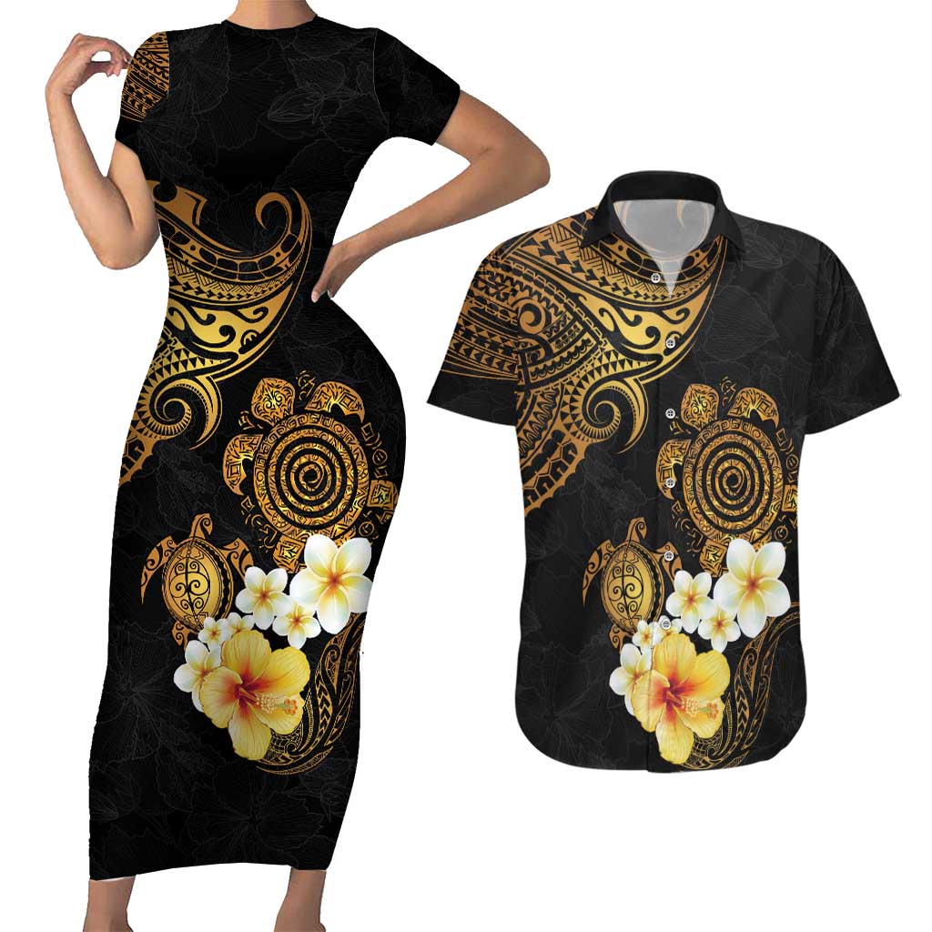 Polynesian Turtle Couples Matching Short Sleeve Bodycon Dress and Hawaiian Shirt Plumeria Hibiscus Pattern Black Color LT03 Black - Polynesian Pride