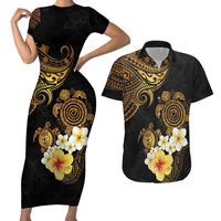 Polynesian Turtle Couples Matching Short Sleeve Bodycon Dress and Hawaiian Shirt Plumeria Hibiscus Pattern Black Color LT03 Black - Polynesian Pride