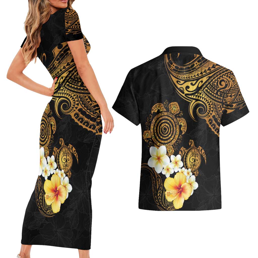 Polynesian Turtle Couples Matching Short Sleeve Bodycon Dress and Hawaiian Shirt Plumeria Hibiscus Pattern Black Color LT03 - Polynesian Pride