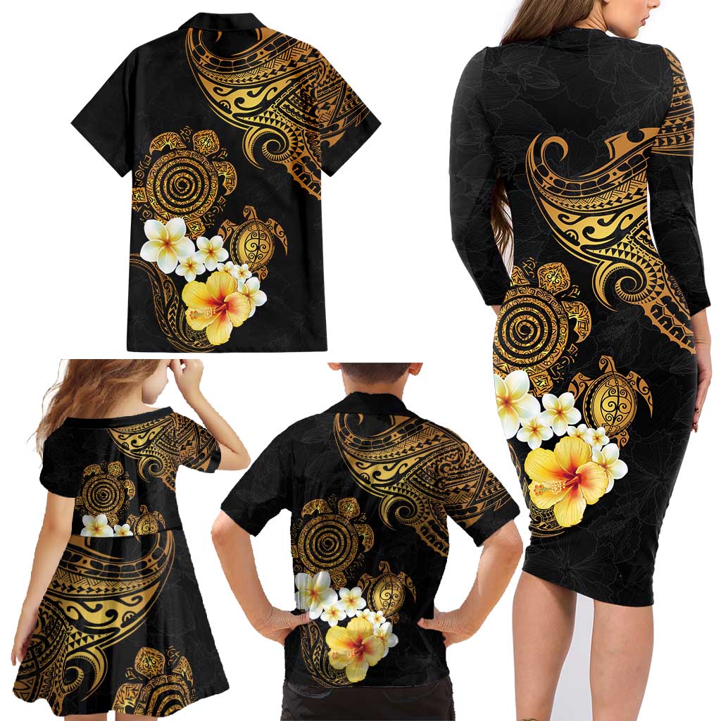 Polynesian Turtle Family Matching Long Sleeve Bodycon Dress and Hawaiian Shirt Plumeria Hibiscus Pattern Black Color LT03 - Polynesian Pride