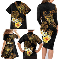 Polynesian Turtle Family Matching Long Sleeve Bodycon Dress and Hawaiian Shirt Plumeria Hibiscus Pattern Black Color LT03 - Polynesian Pride