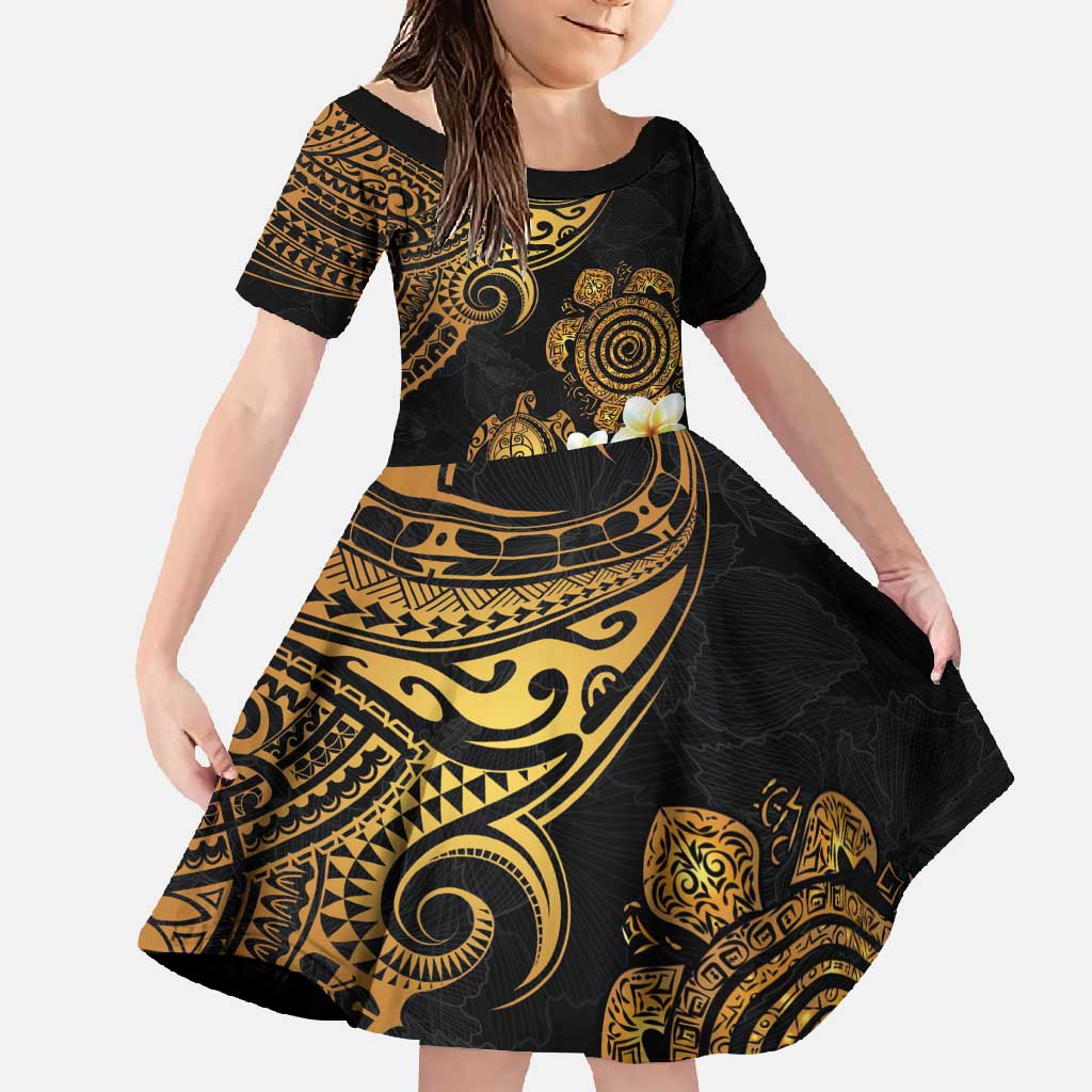 Polynesian Turtle Family Matching Mermaid Dress and Hawaiian Shirt Plumeria Hibiscus Pattern Black Color LT03 Daughter's Dress Black - Polynesian Pride