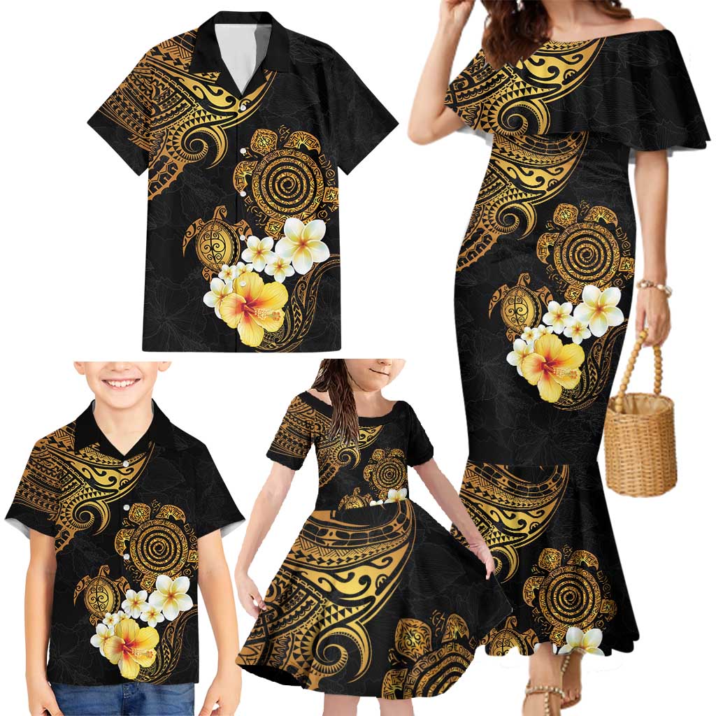 Polynesian Turtle Family Matching Mermaid Dress and Hawaiian Shirt Plumeria Hibiscus Pattern Black Color LT03 - Polynesian Pride