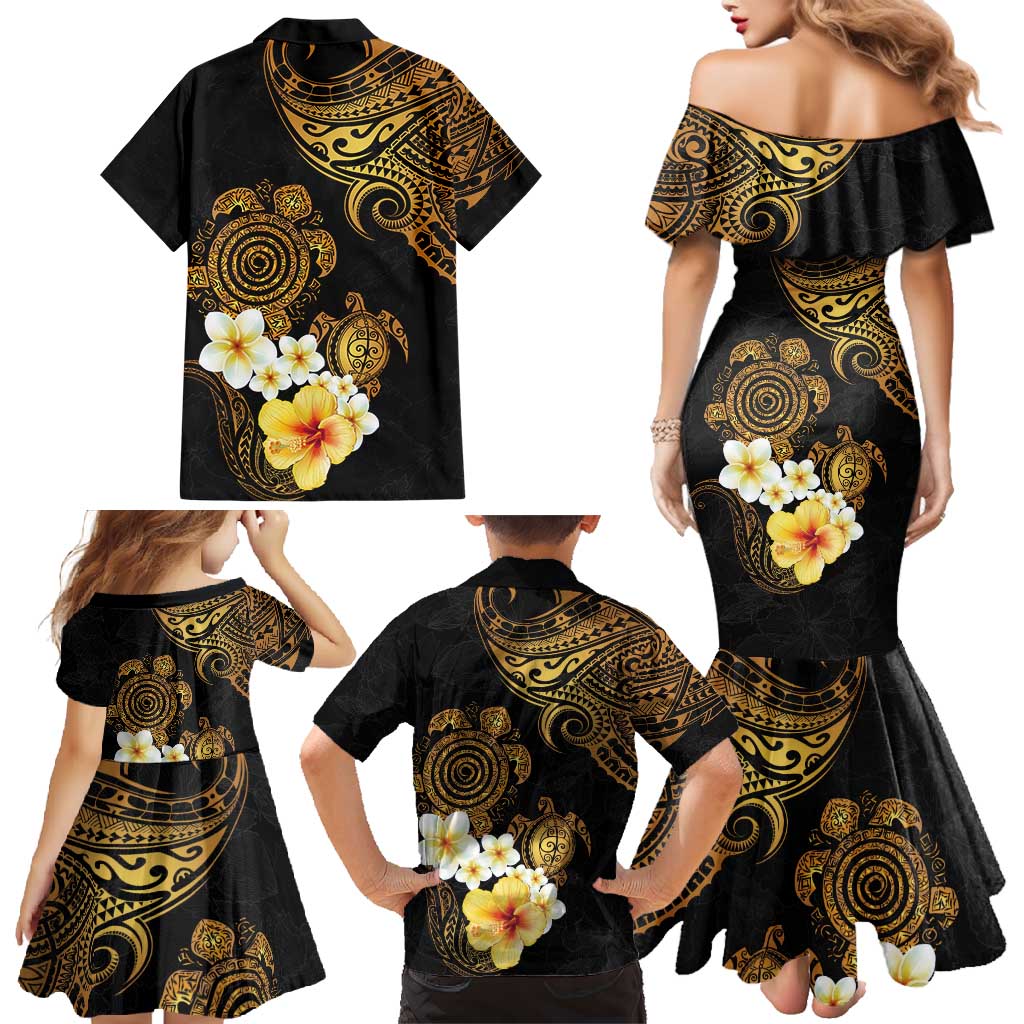 Polynesian Turtle Family Matching Mermaid Dress and Hawaiian Shirt Plumeria Hibiscus Pattern Black Color LT03 - Polynesian Pride