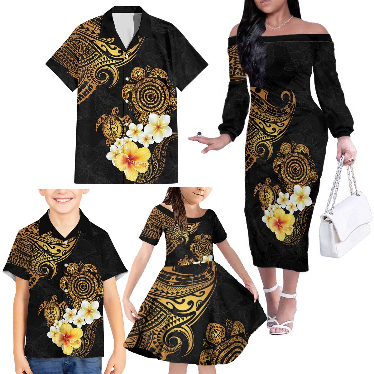 Polynesian Turtle Family Matching Off The Shoulder Long Sleeve Dress and Hawaiian Shirt Plumeria Hibiscus Pattern Black Color LT03 - Polynesian Pride