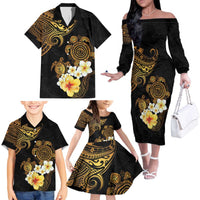 Polynesian Turtle Family Matching Off The Shoulder Long Sleeve Dress and Hawaiian Shirt Plumeria Hibiscus Pattern Black Color LT03 - Polynesian Pride