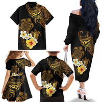 Polynesian Turtle Family Matching Off The Shoulder Long Sleeve Dress and Hawaiian Shirt Plumeria Hibiscus Pattern Black Color LT03 - Polynesian Pride