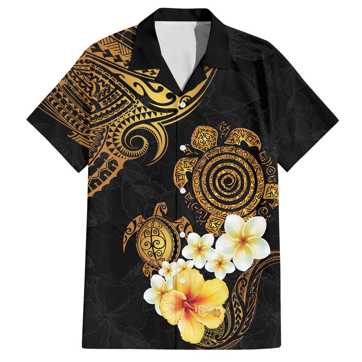 Polynesian Turtle Family Matching Off The Shoulder Long Sleeve Dress and Hawaiian Shirt Plumeria Hibiscus Pattern Black Color LT03 Dad's Shirt - Short Sleeve Black - Polynesian Pride