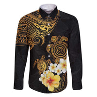 Polynesian Turtle Family Matching Off The Shoulder Long Sleeve Dress and Hawaiian Shirt Plumeria Hibiscus Pattern Black Color LT03 Dad's Shirt - Long Sleeve Black - Polynesian Pride