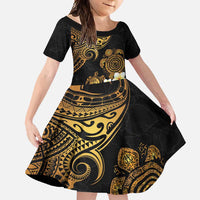 Polynesian Turtle Family Matching Off Shoulder Maxi Dress and Hawaiian Shirt Plumeria Hibiscus Pattern Black Color LT03 Daughter's Dress Black - Polynesian Pride