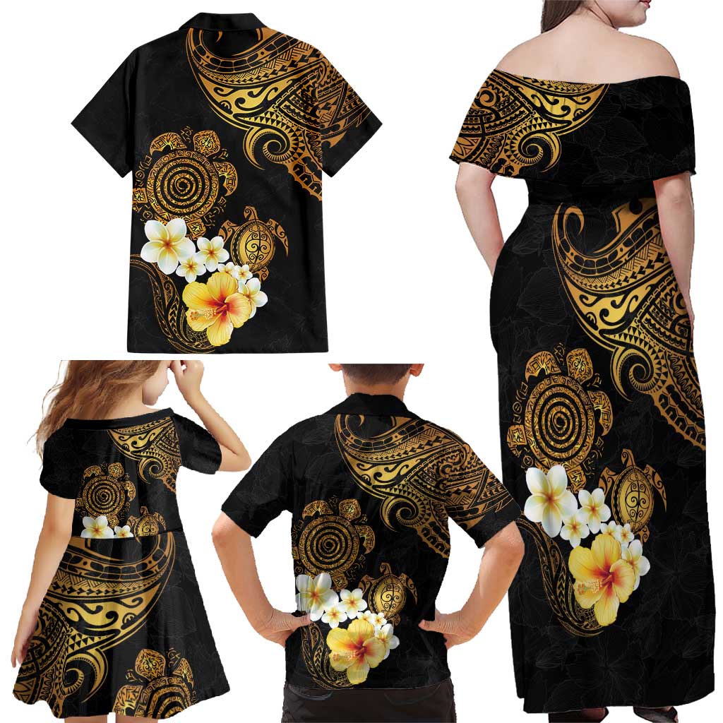 Polynesian Turtle Family Matching Off Shoulder Maxi Dress and Hawaiian Shirt Plumeria Hibiscus Pattern Black Color LT03 - Polynesian Pride