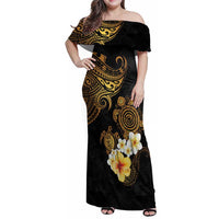 Polynesian Turtle Family Matching Off Shoulder Maxi Dress and Hawaiian Shirt Plumeria Hibiscus Pattern Black Color LT03 Mom's Dress Black - Polynesian Pride