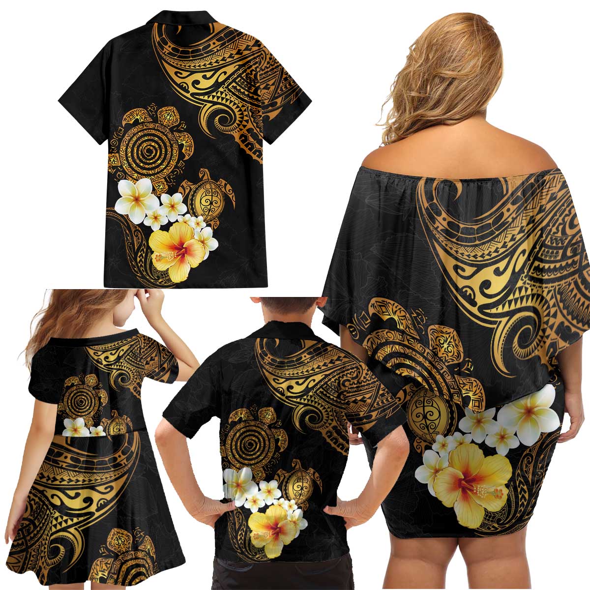 Polynesian Turtle Family Matching Off Shoulder Short Dress and Hawaiian Shirt Plumeria Hibiscus Pattern Black Color LT03 - Polynesian Pride