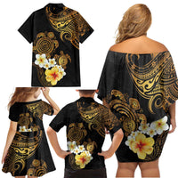 Polynesian Turtle Family Matching Off Shoulder Short Dress and Hawaiian Shirt Plumeria Hibiscus Pattern Black Color LT03 - Polynesian Pride