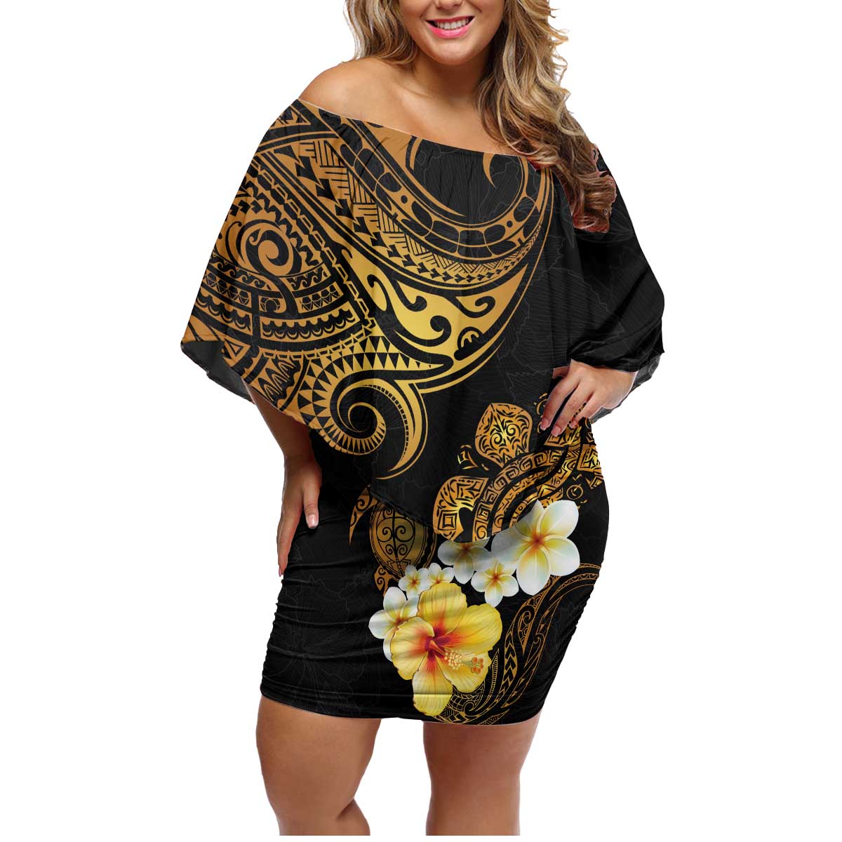 Polynesian Turtle Family Matching Off Shoulder Short Dress and Hawaiian Shirt Plumeria Hibiscus Pattern Black Color LT03 Mom's Dress Black - Polynesian Pride