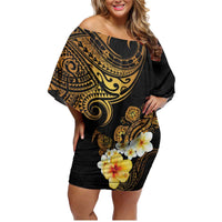 Polynesian Turtle Family Matching Off Shoulder Short Dress and Hawaiian Shirt Plumeria Hibiscus Pattern Black Color LT03 Mom's Dress Black - Polynesian Pride
