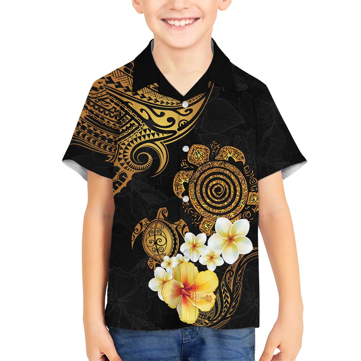 Polynesian Turtle Family Matching Off Shoulder Short Dress and Hawaiian Shirt Plumeria Hibiscus Pattern Black Color LT03 Son's Shirt Black - Polynesian Pride