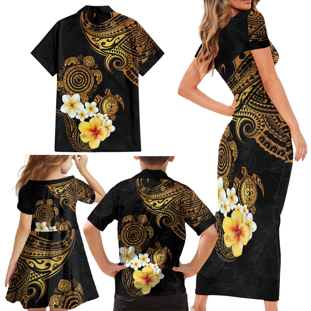 Polynesian Turtle Family Matching Short Sleeve Bodycon Dress and Hawaiian Shirt Plumeria Hibiscus Pattern Black Color LT03 - Polynesian Pride