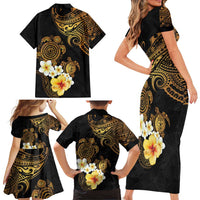 Polynesian Turtle Family Matching Short Sleeve Bodycon Dress and Hawaiian Shirt Plumeria Hibiscus Pattern Black Color LT03 - Polynesian Pride