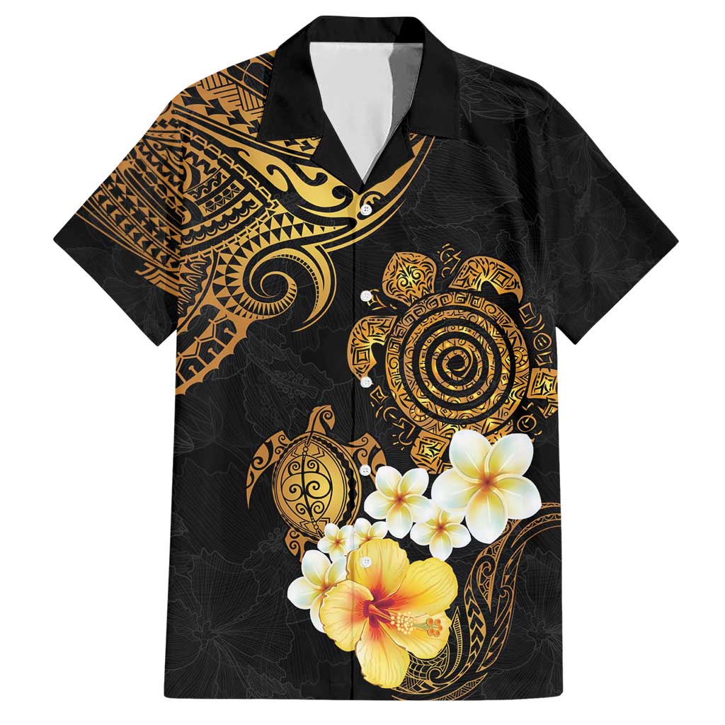 Polynesian Turtle Family Matching Short Sleeve Bodycon Dress and Hawaiian Shirt Plumeria Hibiscus Pattern Black Color LT03 Dad's Shirt - Short Sleeve Black - Polynesian Pride