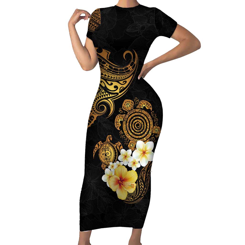 Polynesian Turtle Family Matching Short Sleeve Bodycon Dress and Hawaiian Shirt Plumeria Hibiscus Pattern Black Color LT03 Mom's Dress Black - Polynesian Pride