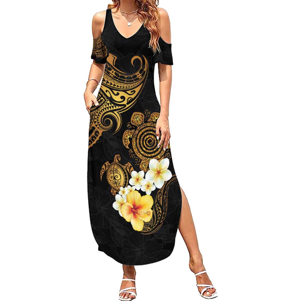 Polynesian Turtle Family Matching Summer Maxi Dress and Hawaiian Shirt Plumeria Hibiscus Pattern Black Color LT03 Mom's Dress Black - Polynesian Pride