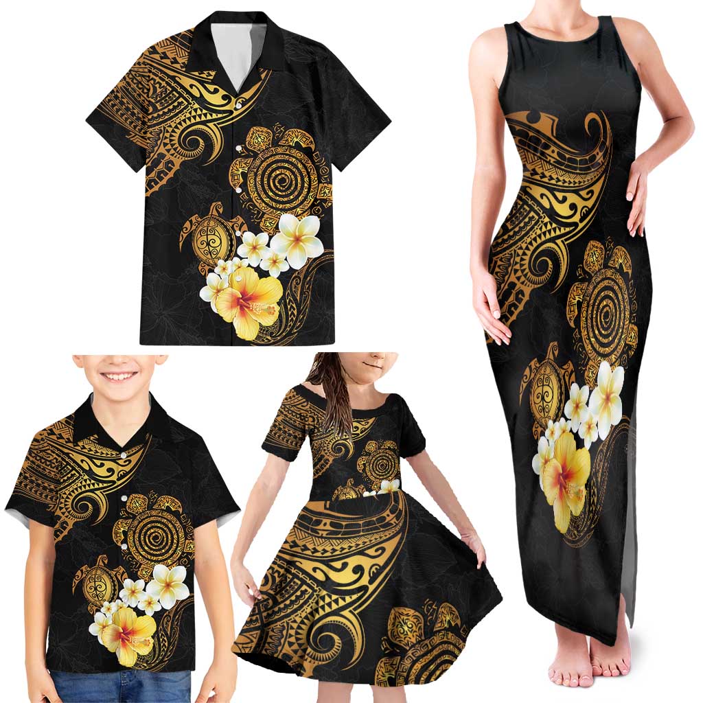 Polynesian Turtle Family Matching Tank Maxi Dress and Hawaiian Shirt Plumeria Hibiscus Pattern Black Color LT03 - Polynesian Pride