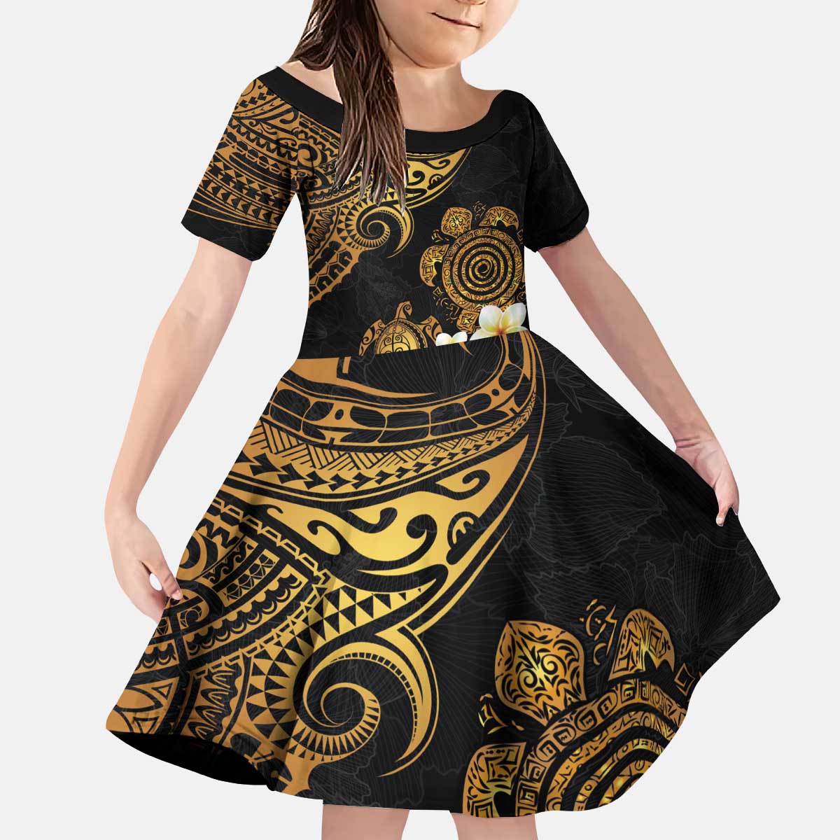 Polynesian Turtle Kid Short Sleeve Dress Plumeria Hibiscus Pattern Black Color LT03 KID Black - Polynesian Pride