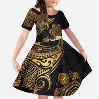Polynesian Turtle Kid Short Sleeve Dress Plumeria Hibiscus Pattern Black Color LT03 KID Black - Polynesian Pride