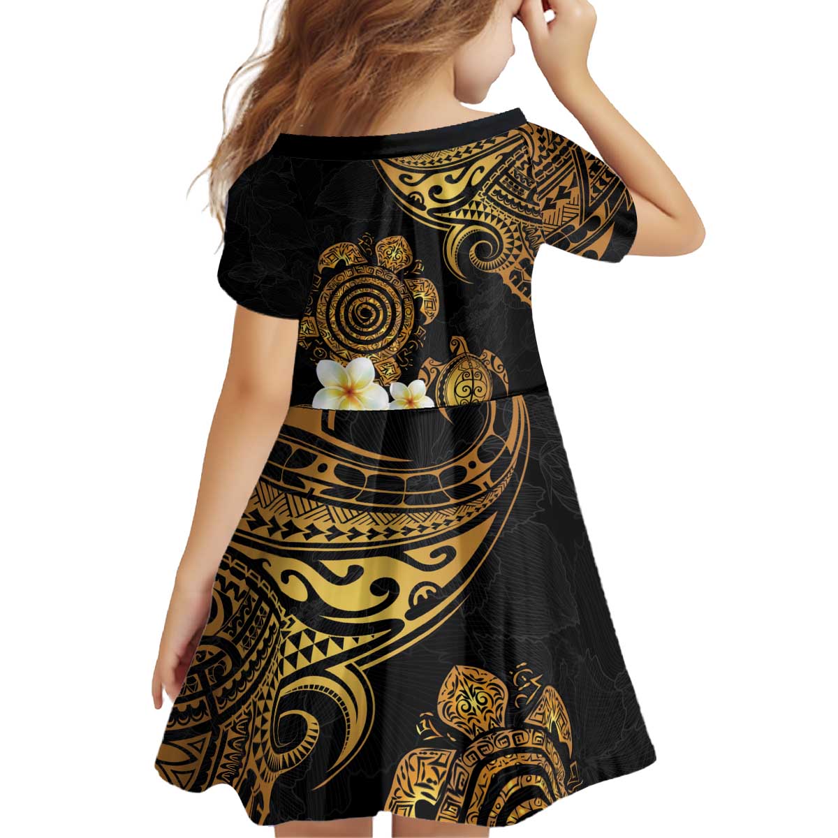 Polynesian Turtle Kid Short Sleeve Dress Plumeria Hibiscus Pattern Black Color LT03 - Polynesian Pride