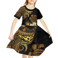 Polynesian Turtle Kid Short Sleeve Dress Plumeria Hibiscus Pattern Black Color LT03 - Polynesian Pride