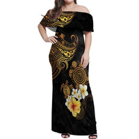 Polynesian Turtle Off Shoulder Maxi Dress Plumeria Hibiscus Pattern Black Color LT03 Women Black - Polynesian Pride