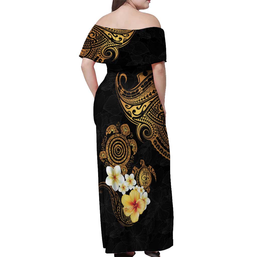 Polynesian Turtle Off Shoulder Maxi Dress Plumeria Hibiscus Pattern Black Color LT03 - Polynesian Pride