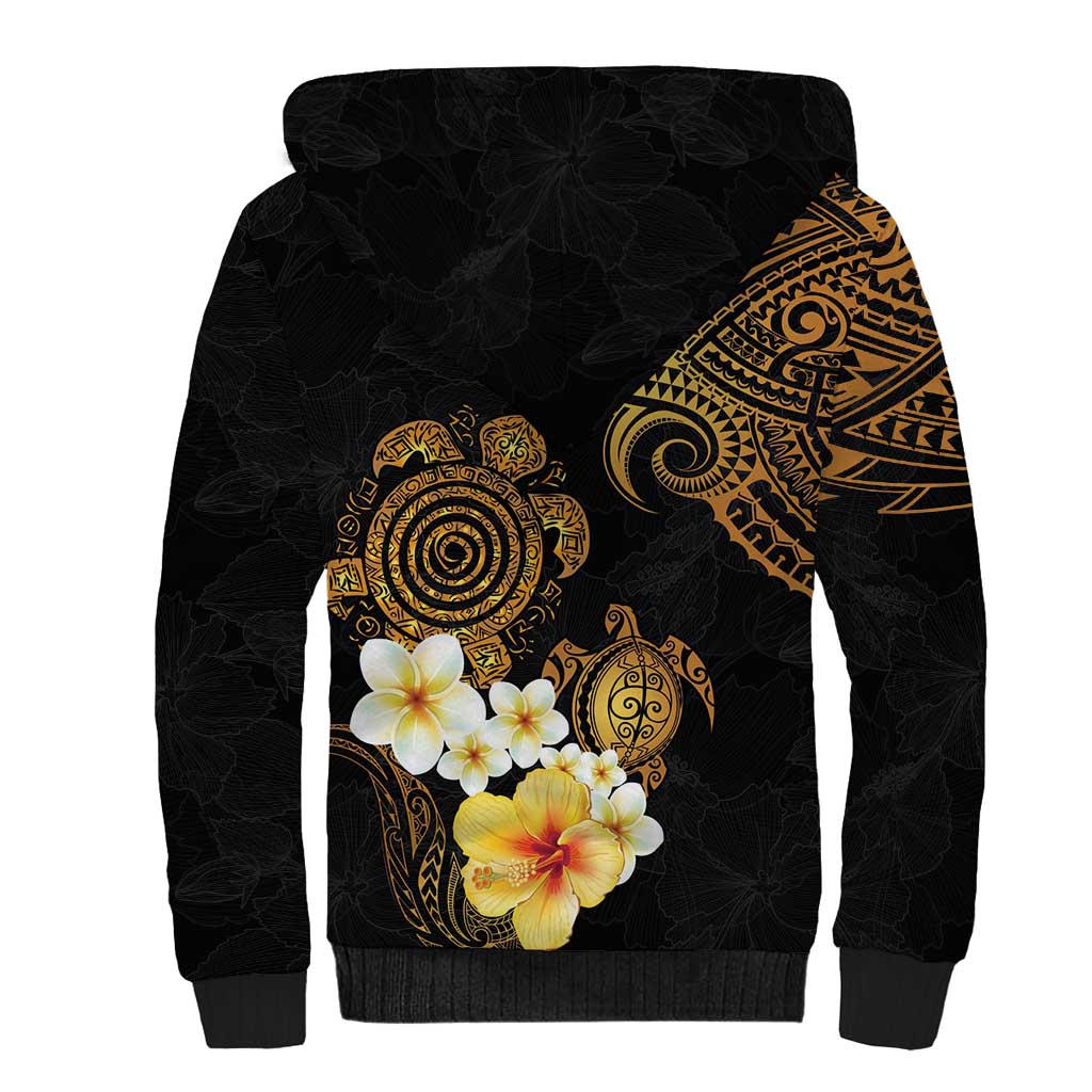 Polynesian Turtle Sherpa Hoodie Plumeria Hibiscus Pattern Black Color LT03 - Polynesian Pride