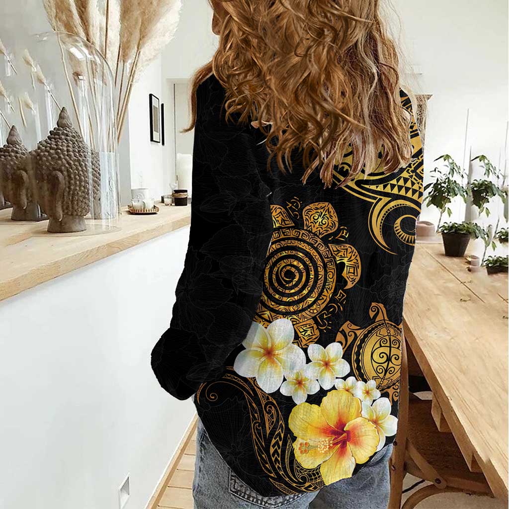 Polynesian Turtle Women Casual Shirt Plumeria Hibiscus Pattern Black Color