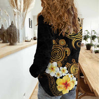 Polynesian Turtle Women Casual Shirt Plumeria Hibiscus Pattern Black Color