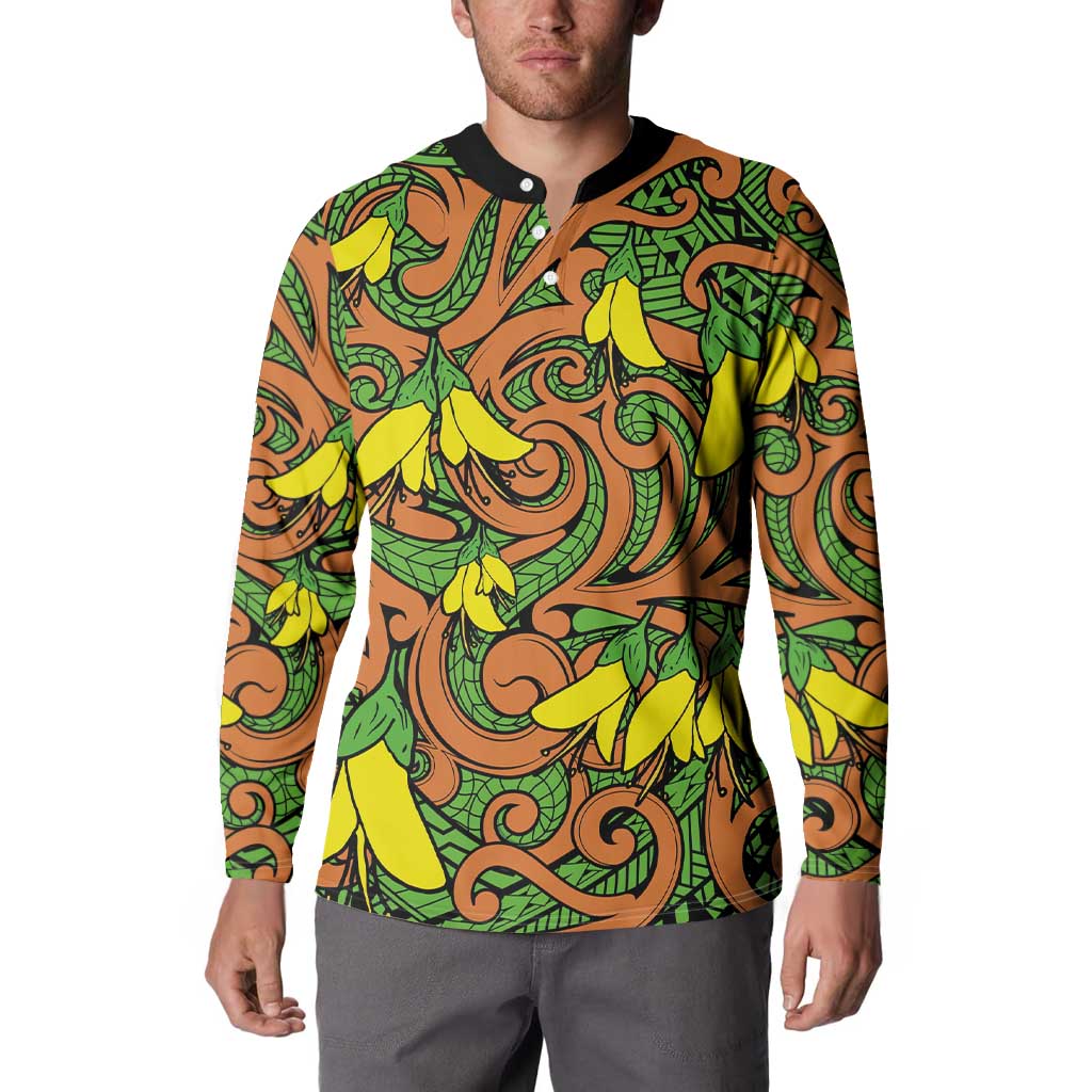 New Zealand Kowhai Flowers Button Sweatshirt Maori Koru Pattern