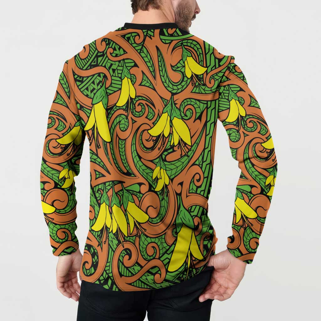 New Zealand Kowhai Flowers Button Sweatshirt Maori Koru Pattern