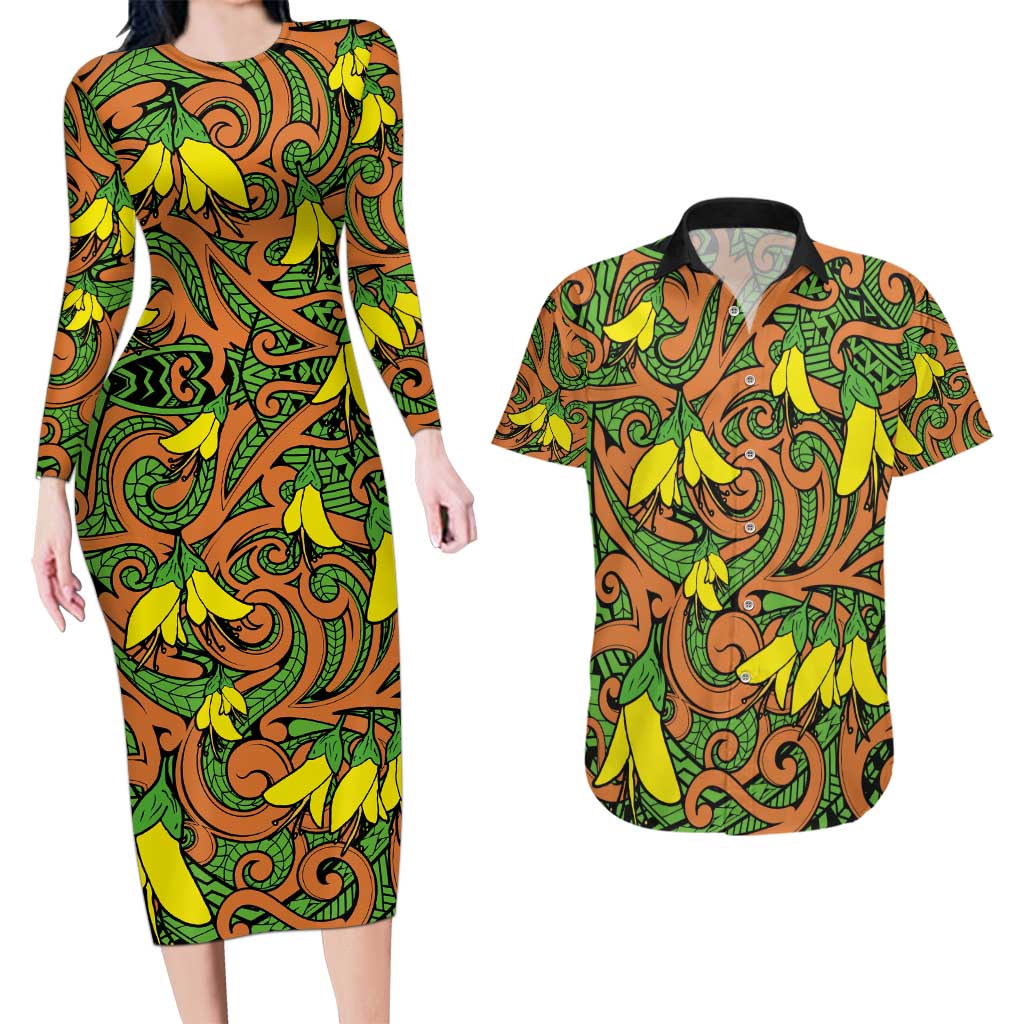 New Zealand Kowhai Flowers Couples Matching Long Sleeve Bodycon Dress and Hawaiian Shirt Maori Koru Pattern LT03 Orange - Polynesian Pride