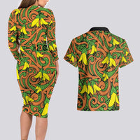 New Zealand Kowhai Flowers Couples Matching Long Sleeve Bodycon Dress and Hawaiian Shirt Maori Koru Pattern LT03 - Polynesian Pride