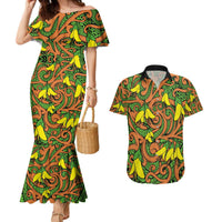 New Zealand Kowhai Flowers Couples Matching Mermaid Dress and Hawaiian Shirt Maori Koru Pattern LT03 Orange - Polynesian Pride