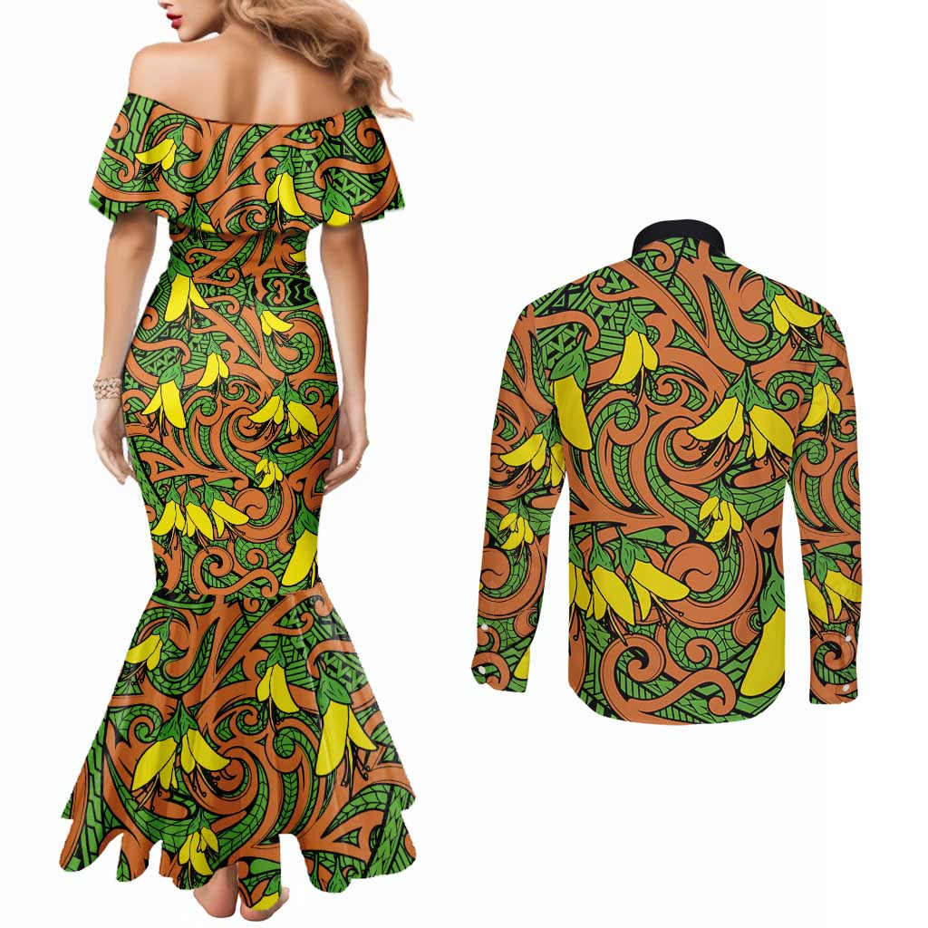 New Zealand Kowhai Flowers Couples Matching Mermaid Dress and Long Sleeve Button Shirt Maori Koru Pattern LT03 - Polynesian Pride