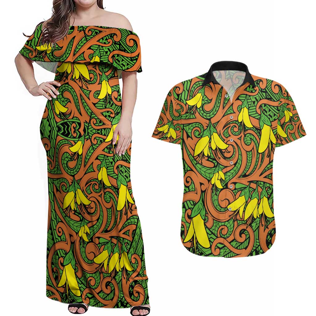 New Zealand Kowhai Flowers Couples Matching Off Shoulder Maxi Dress and Hawaiian Shirt Maori Koru Pattern LT03 Orange - Polynesian Pride