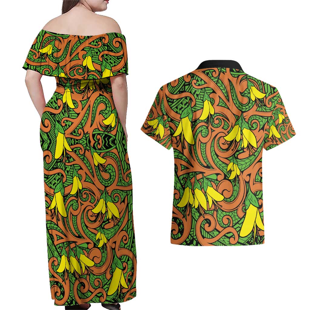New Zealand Kowhai Flowers Couples Matching Off Shoulder Maxi Dress and Hawaiian Shirt Maori Koru Pattern LT03 - Polynesian Pride